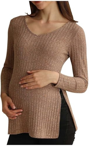 Ropa de Maternidad,Camisetas de Maternidad de Manga Larga Camiseta de Lactancia Sudaderas de Lactancia con Cuello en V Ropa de Embarazo Sólida Jersey para El Embarazo para Primavera y Verano