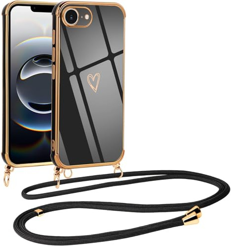 Vauki Coque pour iPhone 16e 2025 avec Cordon de Collier, Galvanisé Etui Housse avec Motif Coeur d'amour, Antichoc Anti-Rayures Case avec Bandoulière pour iPhone 16e 6.1, Noir