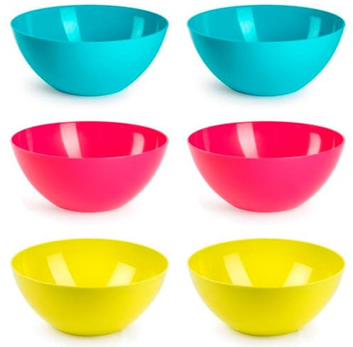 Tradineur - Pack de 6 cuencos redondos reutilizables de plástico, aptos para uso alimentario, microondas y congelador, fabricados en España - 25 x 12 cm - 3,6 litros - Color aleatorio