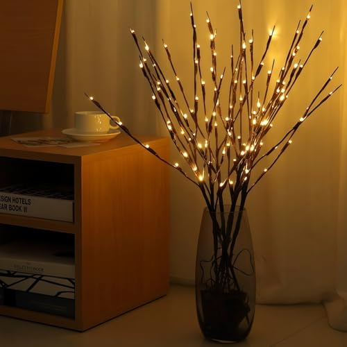 6 PCS LED Lighted Twig Branches 120 LED Beads Warm White Colored Battery Operated Decorative Branch Lights for Vase Bedroom Restaurant Coffee Bar Library Party Photo Background 70CM