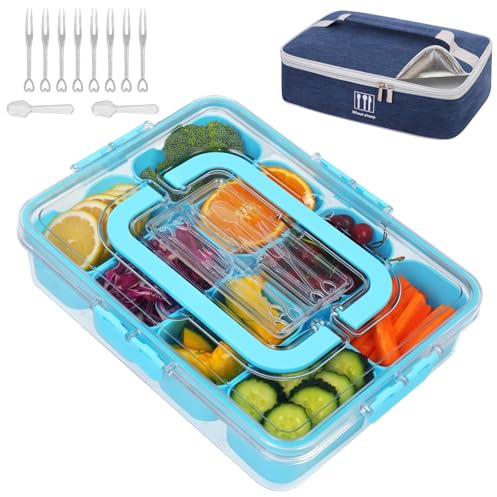 WETRBWEH Snack Box Container with Insulated Cooler Bag, Divided Serving Tray with Lid and Handle Beach Essentials, Snackle Box Veggie Fruit Tray with 8 Compartments & 8 Forks & 2 Spoon Blue