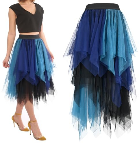ouhos Gonna da donna in tulle, a vita alta, irregolare, a strati, da balletto, tutù, da skater, Blu, M-L
