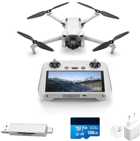 DJI Mini 3 (con DJI RC) Bundle– Mini Drone con Fotocamera Leggero e Pieghevole con Video in 4K HDR, Autonomia di 38 Minuti, C0 (Lettore di schede + scheda di memoria + spina)