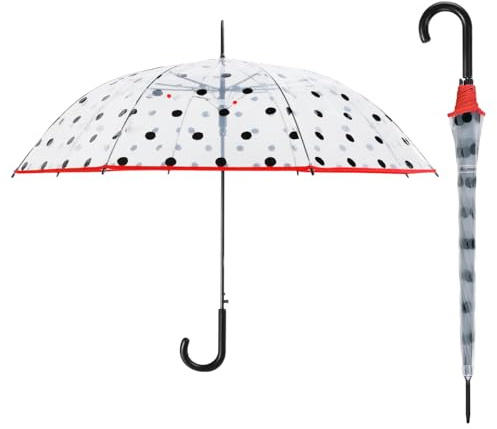Le Monde du Parapluie Parapluie cloche transparente pour femme - Système d'ouverture automatique - Pois noirs et bordure rouge