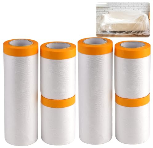 6 Rollen Abdeckfolie mit Klebeband, Transparente Abdeckfolie Maler (4x 55 cm × 20 m + 2x 150 cm × 20 m), Abklebeband mit Folie, wasserdicht Malerfolie mit Klebeband