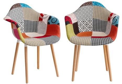 GrandCA HOME Set di 2 Sedie da Pranzo Moderne con Braccioli, Gambe in Faggio, Sedie da Cucina Patchwork Nordiche per Cucina, Soggiorno, Sala da Pranzo, Camera da Letto (Rosso)