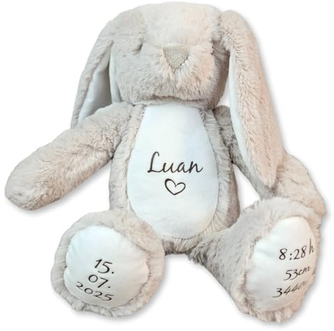 mamir home Personalisierte Geschenke Baby | Kuscheltier mit Geburtsdaten & Name | Kuscheltier für Kleinkinder Hase | Geburtsgeschenke personalisiert | Geschenk Patenkind & Taufgeschenk (Hase Beige)