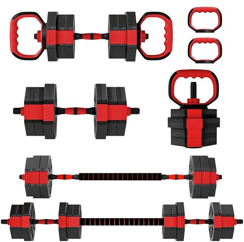 SPORTNOW 6-in-1 Adjustable Weight Dumbbells Set, Used as Kettlebell, Barbell, Dumbbell, Push-Up Stand, 20kg Free Weights Set for Men and Women Home Gym Training, Red