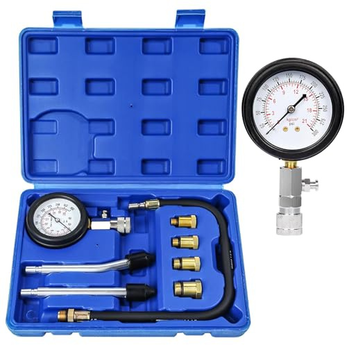 Zorplex Kompressionstester Set mit Manometer 0-21 Bar / 0-300 PSI, Kompressionsmessgerät für KFZ Auto Motorrad LKW Benzin Motor, Inkl, 4 Adapter M10 M12 M14 M18, Kompressionsprüfer Werkzeug (Blau)