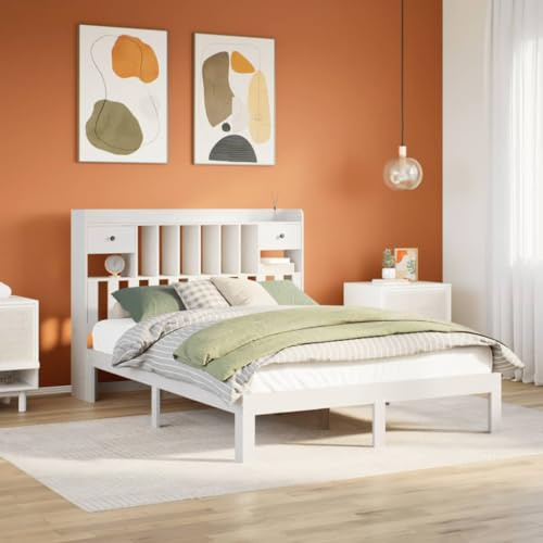 QJBSAVVA Massivholzbett Kiefer 140x200 cm mit Regal-Kopfteil Weiß Lattenrost & 2 Schubladen für Schlafzimmer Jugendzimmer platzsparend