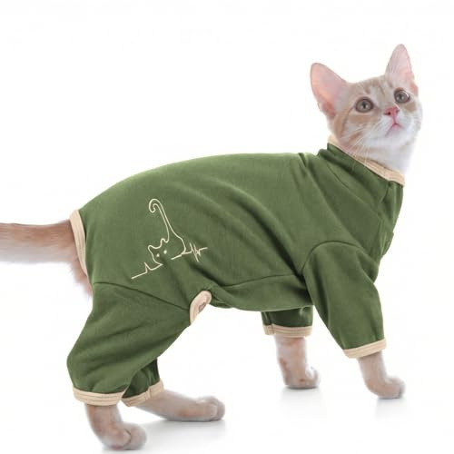 Katttröja, pyjamasoutfit, kattrock för katter, endast återhämtningsdräkt med ben, kroppsdräkt för att sluta slicka (armégrön, S)