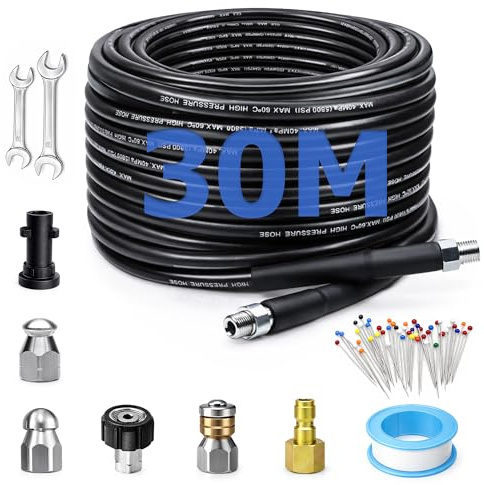 30M High Pressure Washer Hose: Lifegogo 5800PSI/400Bar Washer Drain Pipe Hose Cleaning Kit with 2 Adapter 2 Corner & Rotating Nozzles Sewer Jetter Kit for Drains Patios Driveways