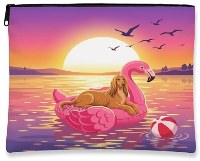 Funny Afghan Hound Dog Makeup Bag, Flamingos Lifebuoys Sea Cosmetic Travel Pouch for Women Girls, Portable Small Canvas Zipper Organizer, Pet Toiletry Bag 7x9 Inch