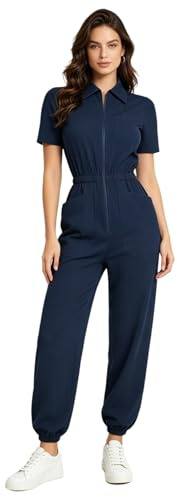 renvena Mono de trabajo para mujer, de manga corta, de una pieza, con puños, cremallera, mecánico, práctica médica, ropa de trabajo