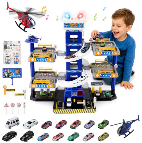 Normodic 5 Etages Garage pour Enfants avec Lumières & Son, Parking pour Les Enfants avec Ascenseur, Jouet Garage Voiture avec Police, 14 Voitures et 1 Hélicoptères, Cadeaux pour Enfants 5-9 Ans, Bleu