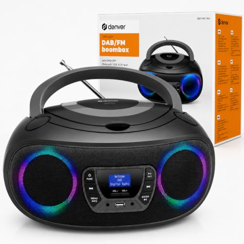 Denver Portable DAB+ Radio CD Player Boombox with Bluetooth - LED Speaker Lights, FM & USB – TDB-212GR Grey