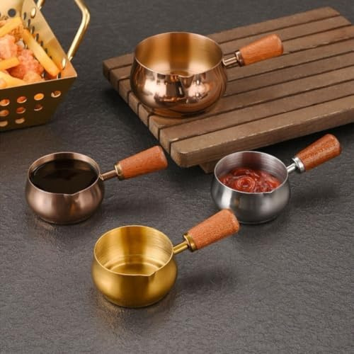 Para salsera de acero inoxidable 304, 120 ml, con mango de madera, cuenco resistente al calor para salsas y aderezos, para botes pesados robustos para cocina y restaurante, plata (dorado)
