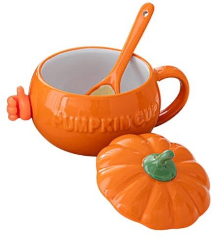 SHINEOFI Taza de Cerámica Set con Tapa y Cuchara con Forma de Calabaza Naranja Bordes Lisos y Diseño Resistente para Café y Desayuno para Hogar y Cafeterías