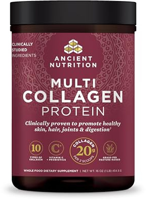 Ancient Nutrition Collagen Powder Protein with Probiotics, Unflavored Multi Collagen Protein with Vitamin C, 45 Servings, Hydrolyzed Collagen Peptides Supports Skin and Nails, Gut Health, 16oz