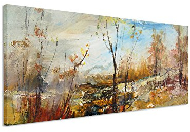 Paul Sinus Art Panoramabild 150x50cm Ölgemälde - Bäume am Wasser auf Leinwand exklusives Wandbild moderne Fotografie für ihre Wand in vielen Größen