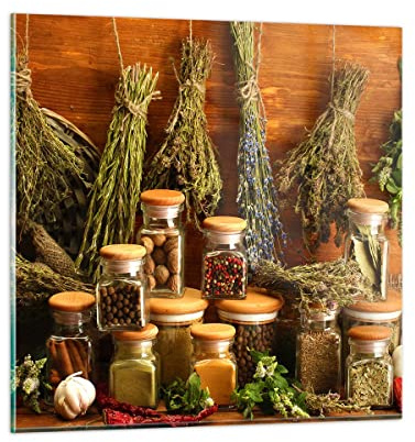 Moderne Impression sur Verre Aromatique parfum bouteille herbes Image Tableau en Verre Decoration Murale 30x30cm Deco Cadre Salon Chambre Carré Petit Tableaux Decoratifs Muraux Art GAC30x30-2709