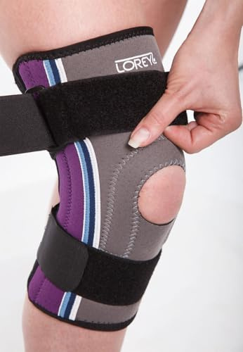 LOREY Verstellbare Kniebandage für Frauen und Männer, Kniestütze aus offenporigem Neopren, Knieorthese mit Seitenstabilisatoren, für Fussball, Laufen oder Fitness, linkes und rechtes Knie, Größe XXL