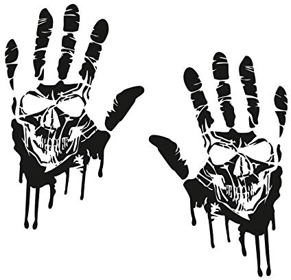 Finest Folia 2 Blutige Hände je 22cm Blutspuren Aufkleber Auto Sticker Frontscheibenaufkleber ((K014) 2er Set Blutige Hände Totenkopf Schwarz)