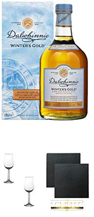 Dalwhinnie Winters Gold Whisky 0,7 Liter + Nosing Gläser Kelchglas Bugatti mit Eichstrich 2cl und 4cl - 2 Stück + Schiefer Glasuntersetzer eckig ca. 9,5 cm Ø 2 Stück