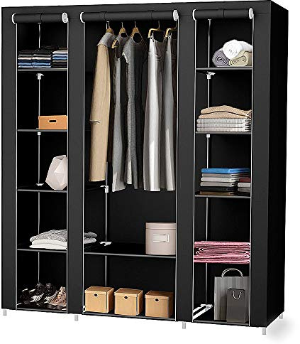 Flyelf Kleiderschrank, Faltschrank, Stoffschrank Schrank mit Kleiderstange (Schwarz, 172x134x43cm)