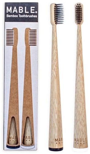 MABLE Two Pack Bamboo Toothbrush for Adult | Charcoal Infused Soft Bristles Toothbrushes | Natural Wood, Eco-Friendly, BPA Free, Compostable Tooth Brush Handle