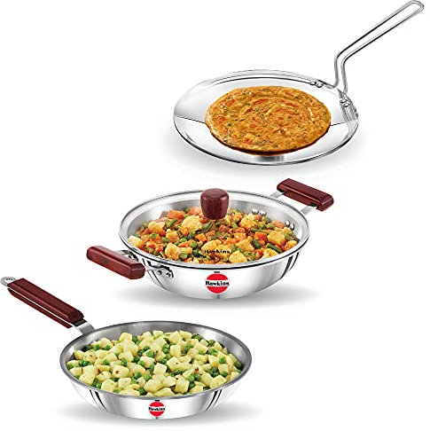 Hawkins Triniti 3 Pieces Triply Stainless Steel Cookware Set 2 - Frying Pan, Tava, Deep-Fry Pan with Glass Lid, Silver (SSET2)