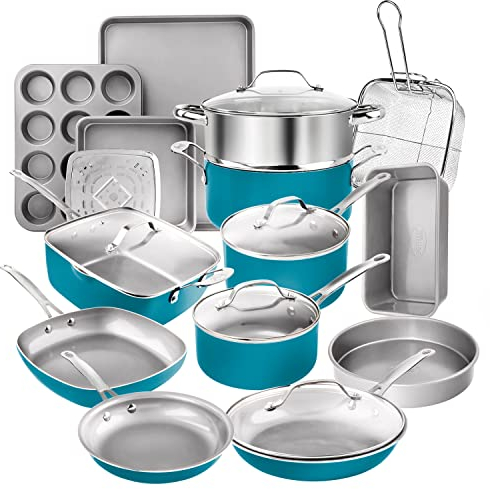 Gotham Steel 7528 Pots and Pans Aqua 20 Piece Pots & Pans, Nonstick Ceramic Cookware + Bakeware Sets – Skillets, Stockpots, Cookie Sheets and More, 100% PFOA Free, Aluminum, Ocean Blue