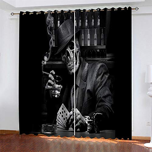 WJYYUD Kind 2er-Set Verdunkelungs Vorhang, Totenkopf Spielkarten Kinder Gardinen Ösen Gardine Blickdicht Thermo Polyester Schlafzimmer Vorhänge Dekoratives Muster Européen 245 x 280 cm (HxB)