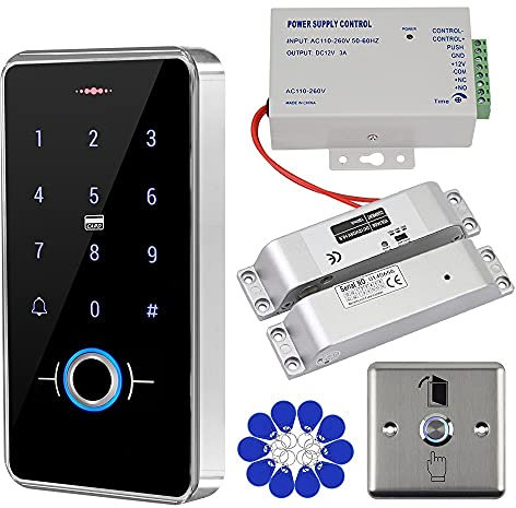 GXY RFID Door Access Control System Kit IP68 Waterproof Fingerprint Keypad, Electronic Bolt Lock, 12V 3A Power Supply, Metal Door Switch Button, 10pcs IC 13.56MHz Keychains