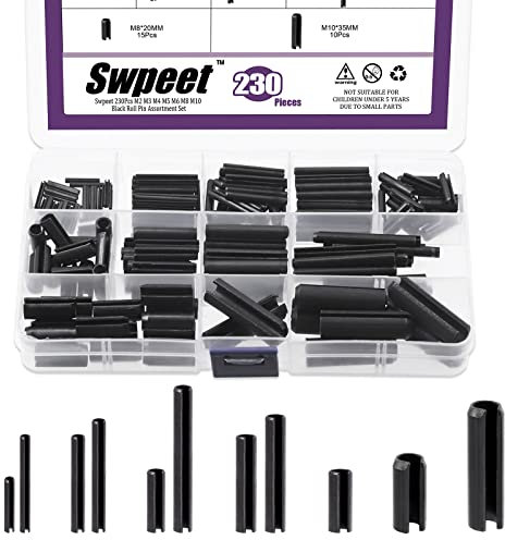 Swpeet 230Pcs 11 Sizes M2 M3 M4 M5 M6 M8 M10 Black Metric Roll Pin Assortment Set with Storage Case, Slotted Spring Pin Steel Black Dowel Tension Roll Pin for Home Improvement Automotive Repair