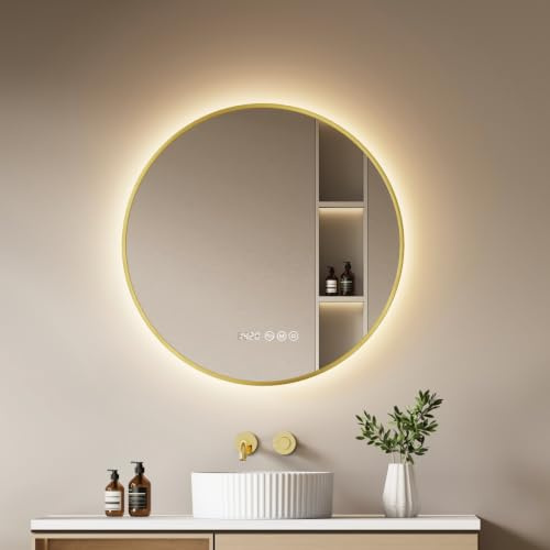 EMKE Badspiegel mit Beleuchtung Rund 80cm, Goldrahmen, 3 Lichtfarben | Runder Spiegel mit Beleuchtung, Badezimmerspiegel mit Touch, Antibeschlag, Dimmbar, Uhr, Temperatur, Memory-Funktion