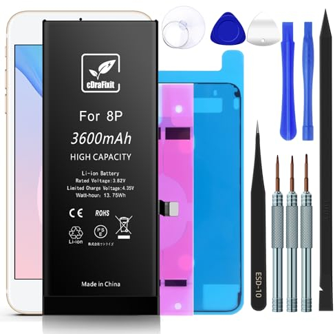 cDraFixit Batterie pour iPhone 8 Plus, 3600 mAh, kit de réparation avec Bandes adhésives de Rechange, Compatible avec iPhone 8 Plus