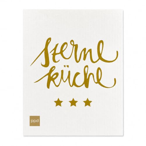 ReWu PPD Schwammtuch Sterneküche, Design Spültuch 17,2 x 20 cm, 70% Cellulose 30% Baumwolle, saugstarkes Küchentuch, waschmaschinen- & spülmaschinengeeignet, goldfarbener Print
