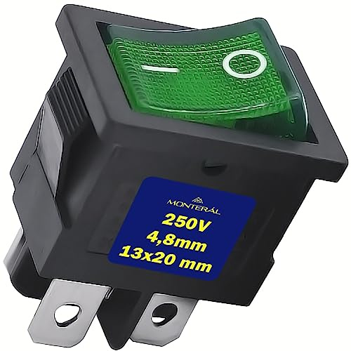 Interruptor Bipolar Verde Luminoso 250V 6A Fastons 4,8mm | Cuerpo Negro - Garantía de 10 Años - MONTERAL