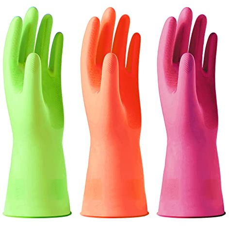 Alimat PluS 3 Colors Rubber Gloves, Washing up Gloves Without Liner, Reusable Cleaning Gloves Latex Free, Waterproof Kitchen Gloves for Laundry, Gardening (L) Rose+green+orange