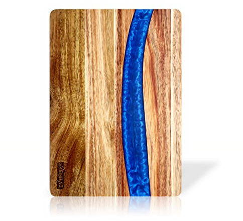 Premium Schneidebrett aus Akazienholz, groß mit blauem Epoxidharz-Design, leicht zu reinigen, für Fleisch, Gemüse, Käse & Serviertablett