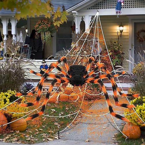 Halloween Deko Outdoor Set,Riesenspinne Dehnbare Spinnennetze für Innen/Außen, Garten,Tür Fenster Kamin Häuser Spukhaus&Partyzubehör-Schaurige Atmosphäre für Ihre Feier
