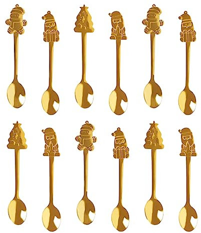 12 Stück Weihnachtslöffel Weihnachten Mini Kaffeelöffel Edelstahl Weihnachtslöffel Weihnachtsmann Weihnachts geschenk Lebkuchenmann Weihnachtsbaum für Dessert Tee Suppe Party Tischdekorationen (Gold)