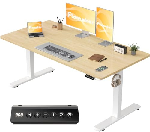 Flamaker Höhenverstellbarer Schreibtisch Ganze Tischplatte 140 x 60 cm, Schreibtisch Höhenverstellbar Elektrisch mit Memory Steuerung, Gaming Tisch mit Sitzende Erinnerung und USB-Aufladung (Beige)