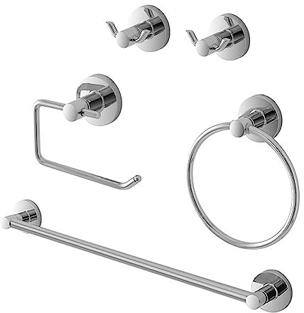 Set Accessori da Bagno 5 Pezzi in Metallo Cromato e ABS con Fissaggio a Parete compreso di Viti