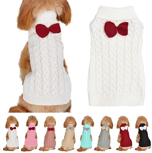 Hundepullover Weste Hund Rollkragenpullover Schleife Stricken Kleine Hundepullover Warme Hunde Winterkleidung Pullover Hundemantel Weihnachtskostüm für Hunde Katzen (Weiß, L)