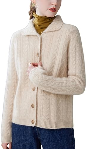 DISSA Cardigan Cachemire Laine Femme Col Revers Manches Longues,EU 38-42 | Course quotidienne,maille torsadée,col revers,panneau bouton rond,bords côtelés,texture souple,fil élastique,silhouette ample