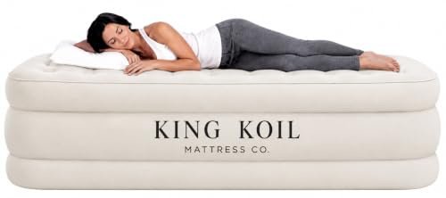 King Koil Luxus Luftmatratze 40,6 cm Doppelbett, Beige mit integrierter Pumpe für Zuhause, Camping und Gäste, Luxus Luftmatratze, doppelte Höhe, verstellbar, langlebig