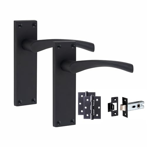 Golden Grace Scroll Astrid Door Handles Latch Pack, Matt Black, 1 Set | Includes 3 ball bearing hinges and a 64mm tubular latch, fitting internal wooden doors with an elegant 150x40mm backplate.