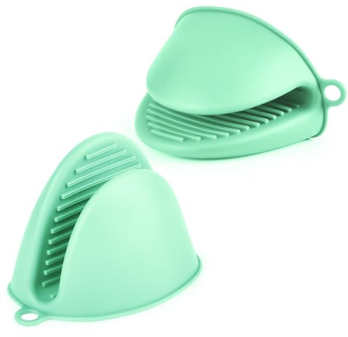 AUAUY 2Pz Guanto da Forno con Silicone, Guanto da Forno Antiscivolo, Verde | Silicone Guanti per Forno, Guanti Resistenti, Guanto da Forno in Cotone, per Cottura, Grigliate